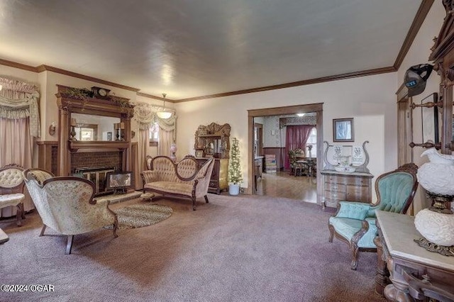1418 Cleveland Ave, Baxter Springs, KS 66713 - living area featuring carpet, ornamental molding, and a brick fireplace