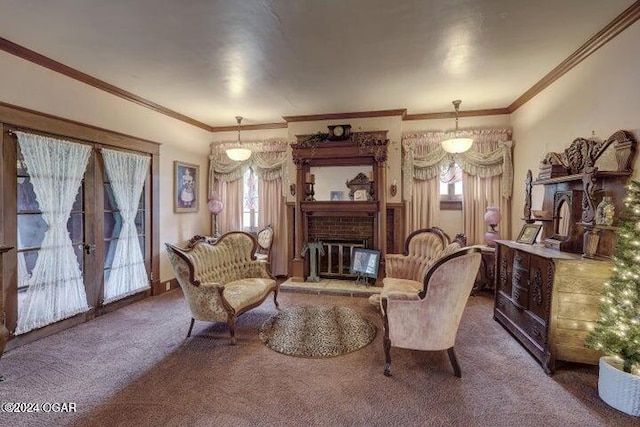 1418 Cleveland Ave, Baxter Springs, KS 66713 - sitting room featuring carpet, plenty of natural light, a chandelier, ornamental molding, and a brick fireplace
