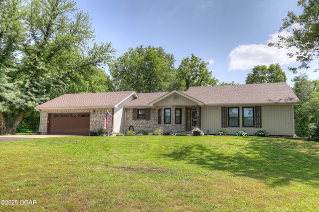 400 Silverwood Ln, Joplin, MO 64801 - ranch-style house featuring driveway, an attached garage, a front lawn, and stone siding