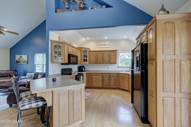 4537 Dolphin Dr, Joplin, MO 64804 - kitchen with a peninsula, glass insert cabinets, open floor plan, black appliances, and vaulted ceiling