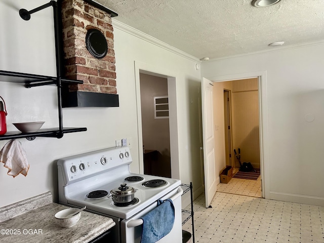 212 N Jefferson St, Webb City, MO 64870 - kitchen with white electric range oven, light floors, crown molding, a textured ceiling, and baseboards