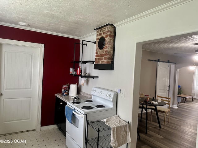212 N Jefferson St, Webb City, MO 64870 - kitchen with white electric range, a barn door, ornamental molding, baseboards, and a ceiling fan