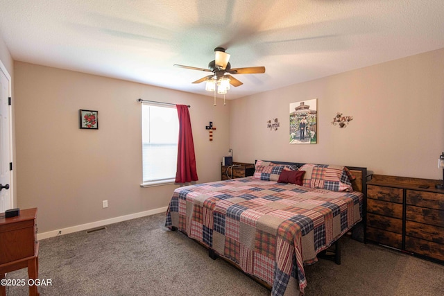 bedroom featuring carpet flooring, baseboards, a ceiling fan, and visible vents