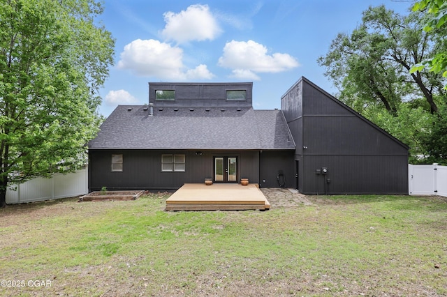 1214 Bramar Dr, Joplin, MO 64804 - rear view of house with french doors, a deck, roof with shingles, and a gate