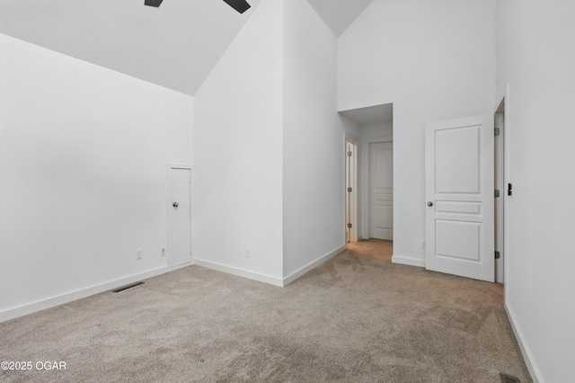 1214 Bramar Dr, Joplin, MO 64804 - unfurnished room featuring high vaulted ceiling, carpet, ceiling fan, and baseboards