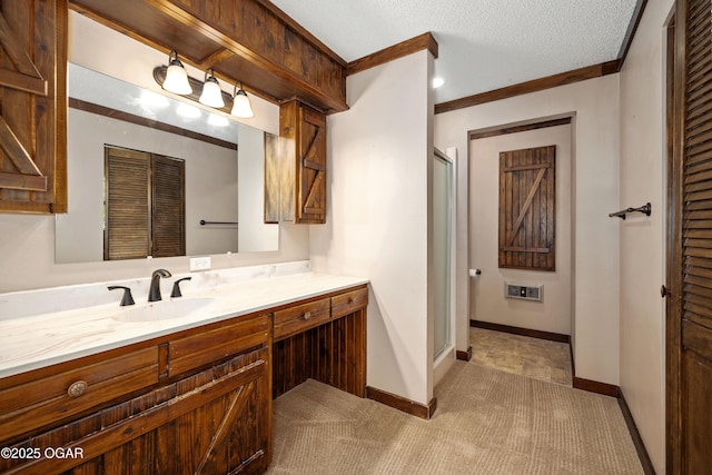 6309 Impala Dr, Joplin, MO 64804 - bathroom with crown molding, a shower stall, vanity, and baseboards