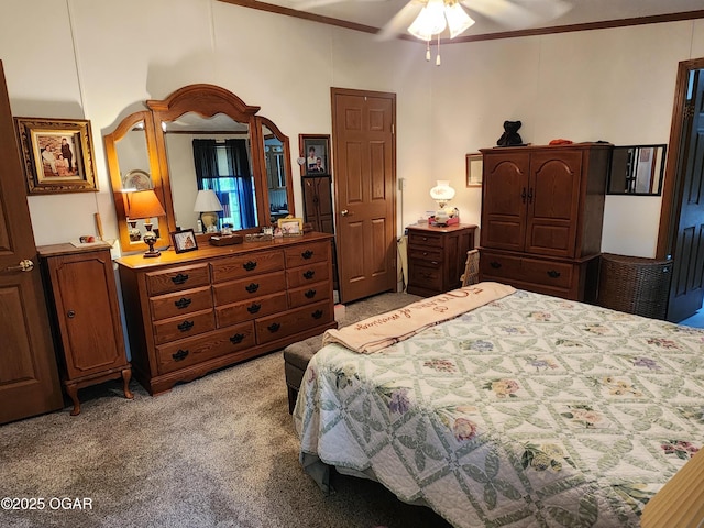 bedroom featuring light carpet and crown molding