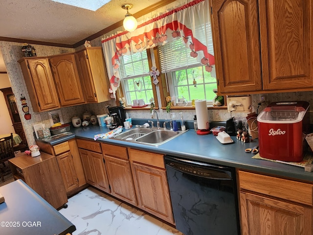 kitchen featuring black dishwasher, a sink, light marble finish flooring, brown cabinets, and a textured ceiling