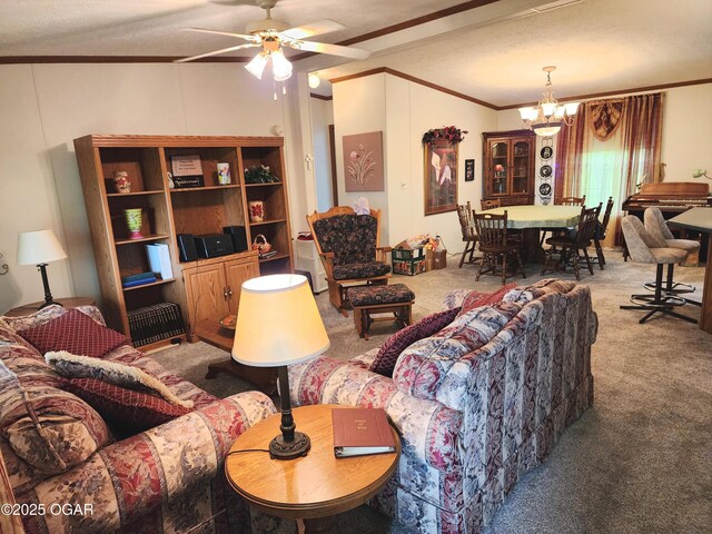 living room with crown molding, carpet floors, a chandelier, and ceiling fan
