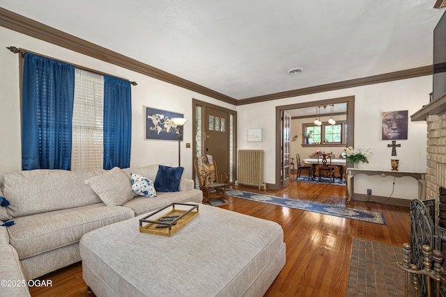 living area featuring radiator, hardwood / wood-style flooring, crown molding, and baseboards