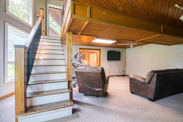 carpeted living area featuring wood ceiling, baseboards, healthy amount of natural light, and stairway