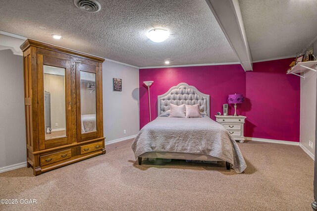 bedroom with carpet, a textured ceiling, baseboards, and ornamental molding