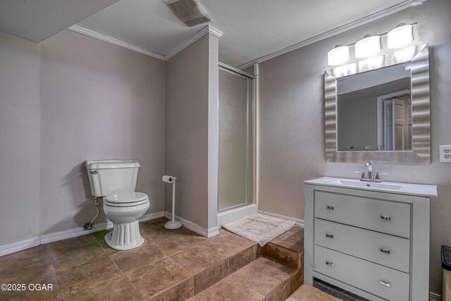 full bathroom with ornamental molding, toilet, a stall shower, baseboards, and vanity