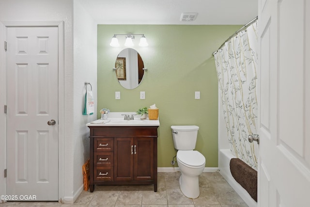 full bathroom with vanity, toilet, baseboards, tile patterned floors, and shower / bathtub combination with curtain