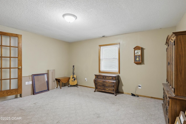misc room featuring carpet, a textured ceiling, and baseboards