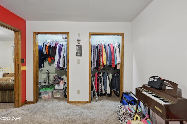 bedroom with carpet, a spacious closet, baseboards, and a closet