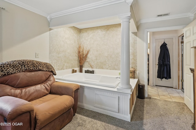 living area with crown molding, light carpet, and ornate columns