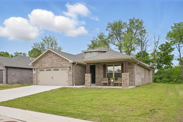 1318 Foundry Dr, Carthage, MO 64836 - view of front of property featuring an attached garage, brick siding, a front yard, driveway, and roof with shingles