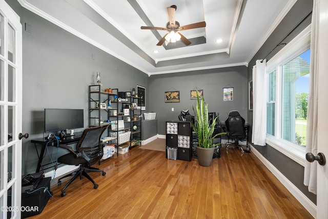 8740 County Road 241, Webb City, MO 64870 - home office with a tray ceiling, hardwood / wood-style floors, a ceiling fan, french doors, and crown molding