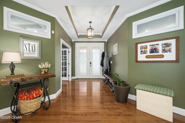 8740 County Road 241, Webb City, MO 64870 - entrance foyer featuring ornamental molding, french doors, wood finished floors, baseboards, and a chandelier