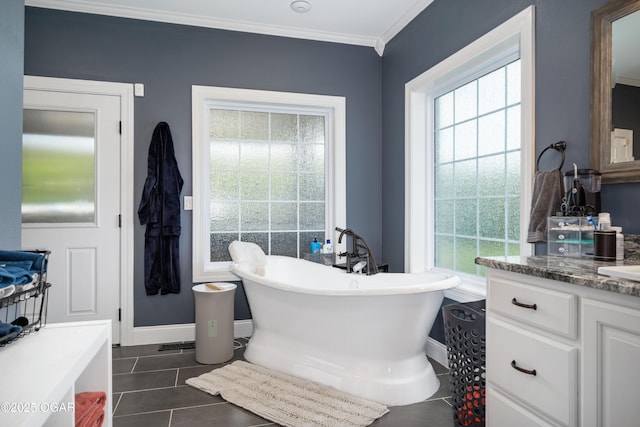 8740 County Road 241, Webb City, MO 64870 - full bath with vanity, tile patterned floors, a freestanding tub, baseboards, and ornamental molding