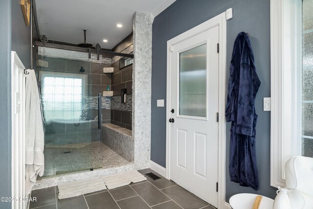 8740 County Road 241, Webb City, MO 64870 - bathroom featuring a shower stall, tile patterned flooring, recessed lighting, and baseboards