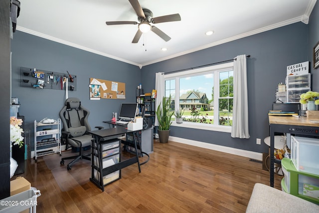 8740 County Road 241, Webb City, MO 64870 - home office featuring ceiling fan, crown molding, baseboards, wood finished floors, and recessed lighting