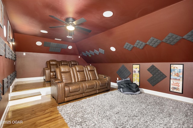 8740 County Road 241, Webb City, MO 64870 - home theater featuring a ceiling fan, wood finished floors, baseboards, recessed lighting, and lofted ceiling