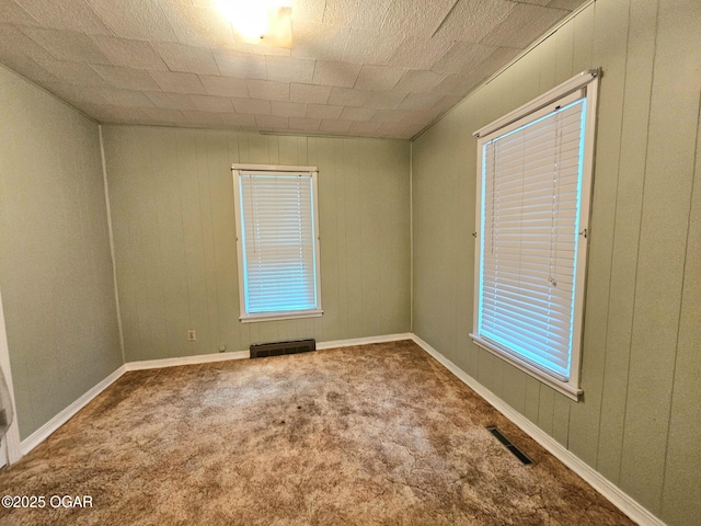 carpeted empty room featuring wood walls