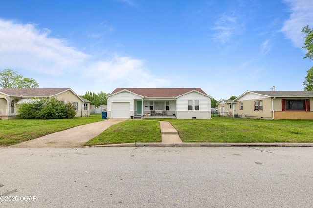 ranch-style house with driveway, a front yard, an attached garage, a porch, and crawl space