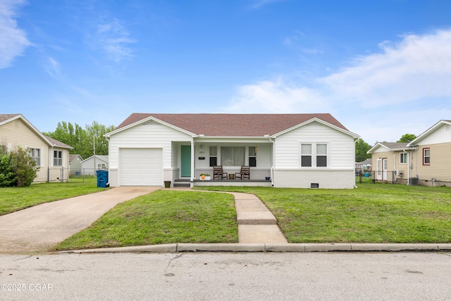 single story home featuring a porch, concrete driveway, a garage, and roof with shingles