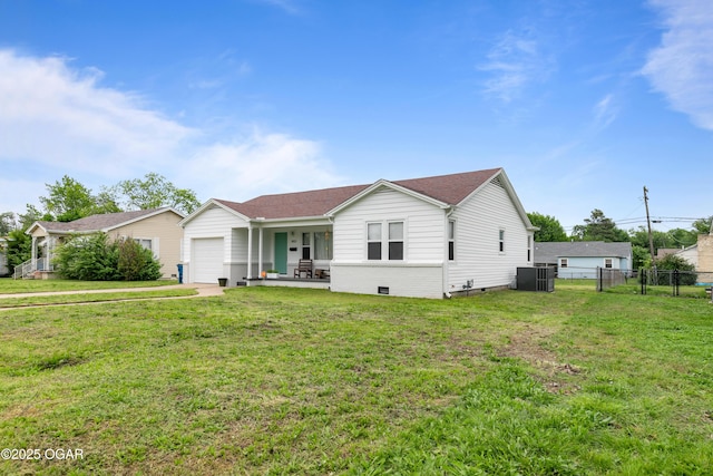 single story home with an attached garage, central AC unit, crawl space, and covered porch