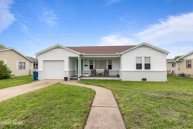 single story home featuring covered porch, concrete driveway, an attached garage, and a front lawn