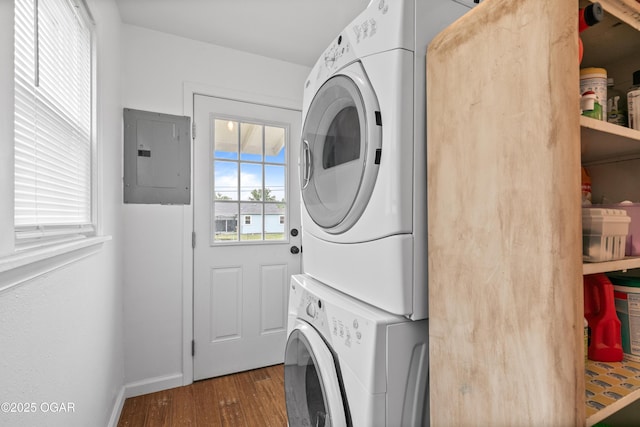 laundry area featuring stacked washer / dryer, electric panel, wood finished floors, and baseboards