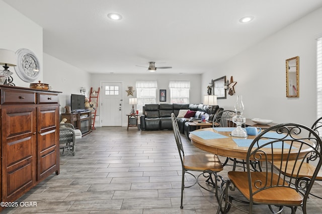 dining room featuring ceiling fan, recessed lighting, and wood finished floors