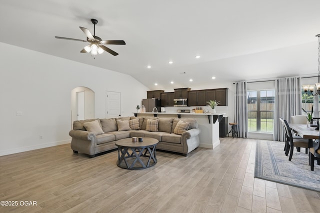 1020 S Florida Ave, Joplin, MO 64801 - living area with recessed lighting, light wood-style floors, lofted ceiling, a chandelier, and a ceiling fan