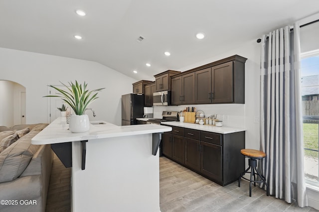 1020 S Florida Ave, Joplin, MO 64801 - kitchen with appliances with stainless steel finishes, arched walkways, recessed lighting, light wood-style floors, and dark brown cabinets