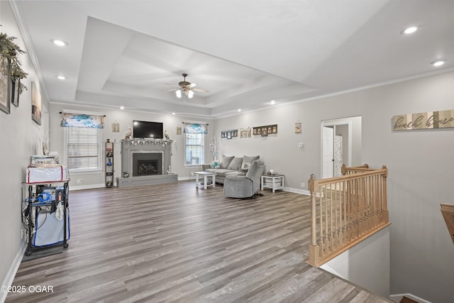10208 Timberline Cir, Joplin, MO 64804 - living area featuring a raised ceiling, wood finished floors, a ceiling fan, recessed lighting, and baseboards