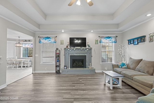 10208 Timberline Cir, Joplin, MO 64804 - living area featuring a raised ceiling, ceiling fan, wood finished floors, recessed lighting, and a premium fireplace