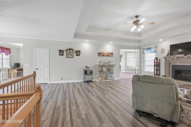 10208 Timberline Cir, Joplin, MO 64804 - living room with a glass covered fireplace, a ceiling fan, a raised ceiling, wood finished floors, and baseboards