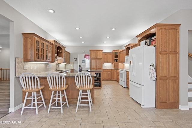 10208 Timberline Cir, Joplin, MO 64804 - kitchen with white appliances, a peninsula, recessed lighting, open shelves, and decorative backsplash