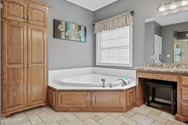 10208 Timberline Cir, Joplin, MO 64804 - full bathroom featuring a bath, a stall shower, and vanity