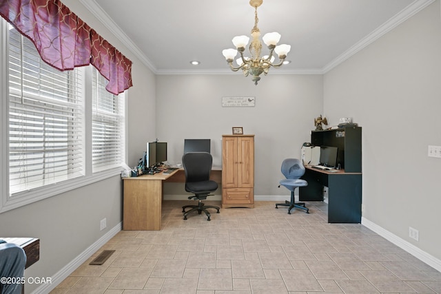 10208 Timberline Cir, Joplin, MO 64804 - office space with a chandelier, crown molding, baseboards, and recessed lighting