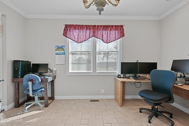 10208 Timberline Cir, Joplin, MO 64804 - home office featuring ornamental molding, baseboards, and a chandelier