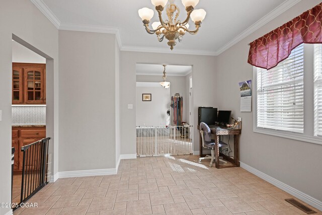 10208 Timberline Cir, Joplin, MO 64804 - office space featuring a chandelier, crown molding, and baseboards