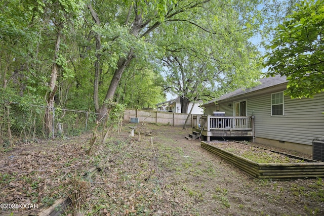 fenced backyard with a deck
