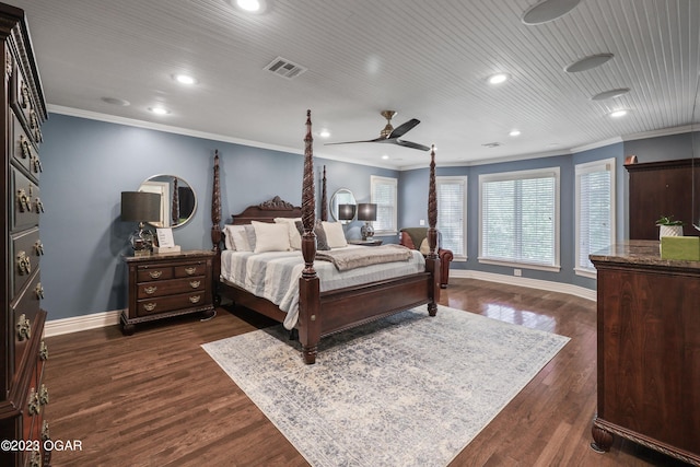 bedroom with crown molding, baseboards, recessed lighting, dark wood-style floors, and a ceiling fan