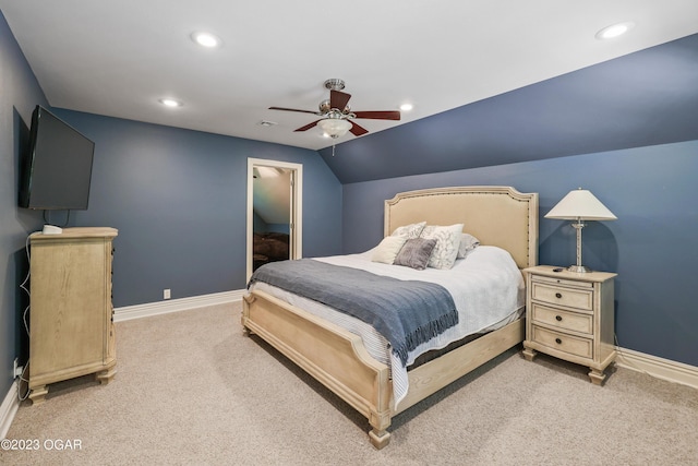 bedroom with carpet floors, baseboards, recessed lighting, ceiling fan, and lofted ceiling