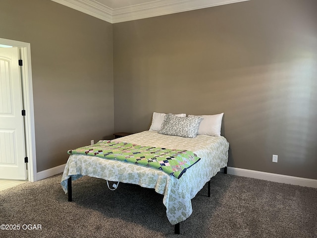 carpeted bedroom with baseboards and ornamental molding