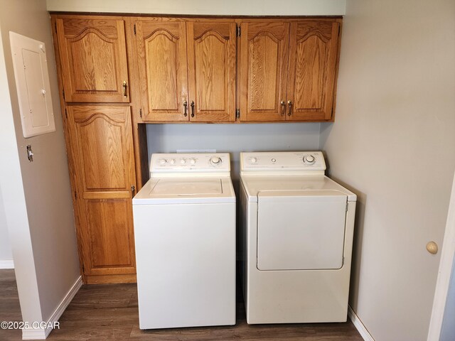 208 NW 10th Rd, Lamar, MO 64759 - laundry area featuring cabinet space, electric panel, washer and clothes dryer, dark wood-type flooring, and baseboards
